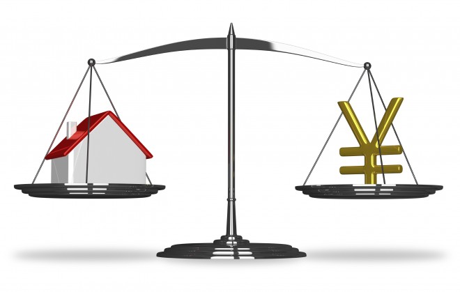 House and yuan sign on scales